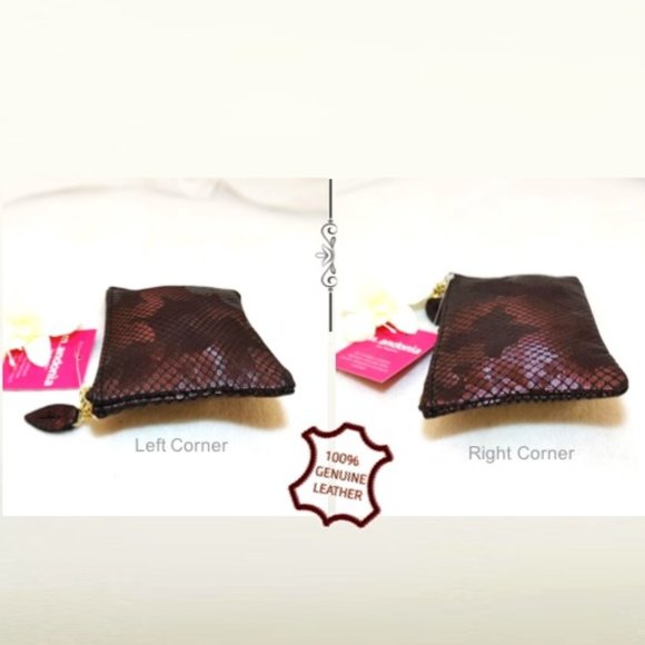 m. andonia Genuine Leather Mini Bag Pouch Grey Pink Red Metallic Zip Leaf Pull - Picture 4 of 11